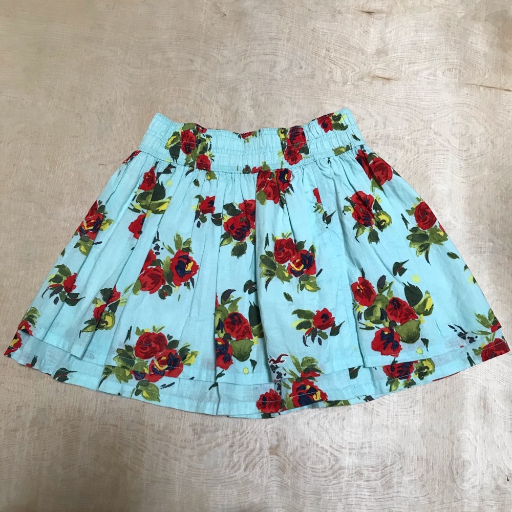 Hollister Floral Skater Skirt Blue Red Rose Print Elastic Waist Mini Skirt
